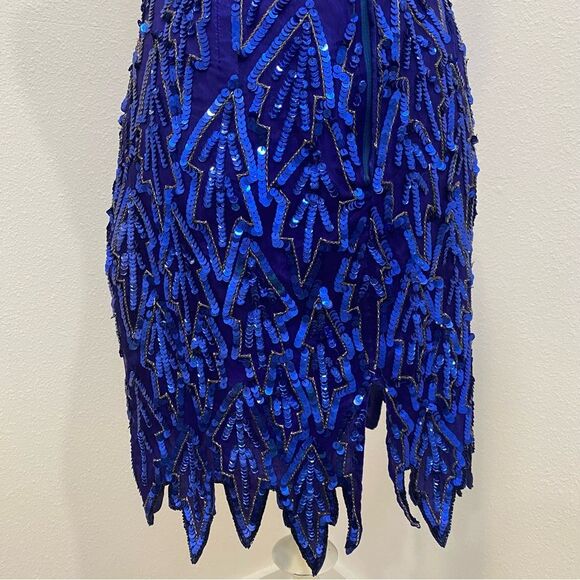 Vintage 80s Blue Silk Sequin Dress Beaded Geo Mini Party Cocktail Sz Medium - Picture 4 of 10